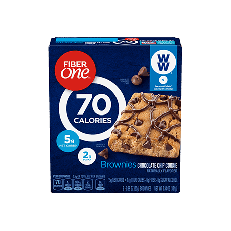 Fiber One Chocolate Chip 70 Cal Brownies front of pack, 6ct, 0.86oz