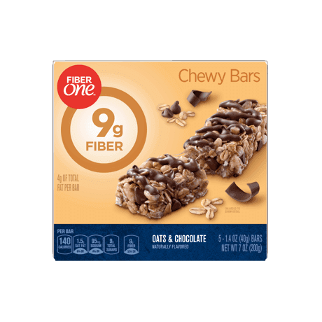 Fiber One Oats and Chocolate Chewy Bars front of pack, 5ct, 1.4oz