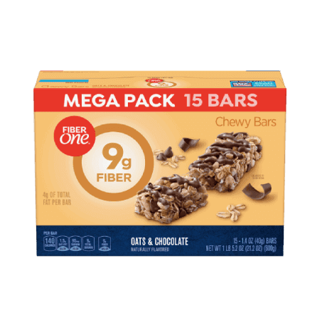 Fiber One Oats and Chocolate Chewy Bars Mega Pack front of pack, 15ct, 1.4oz