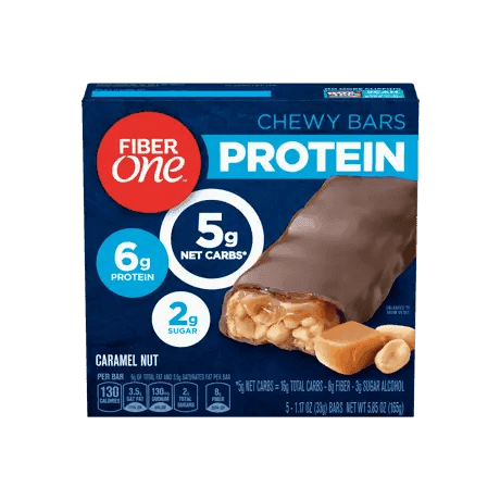 Fiber One Caramel Nut Protein Bars front of pack, 5ct, 1.17oz