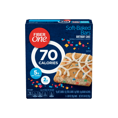 Fiber One Birthday Cake 70 Cal Soft-Baked Bars front of pack, 6ct, 0.96oz