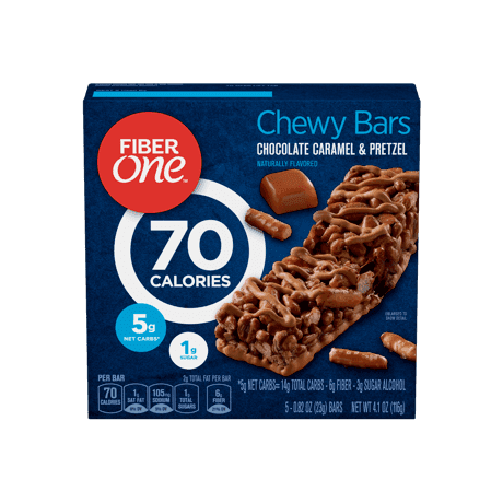 Fiber One Chocolate Caramel Pretzel Chewy Bars front of pack, 5ct, 0.82oz