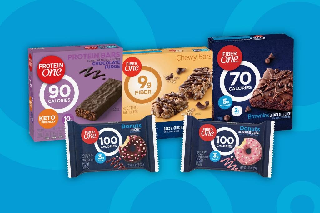 Three front facing FiberOne boxes of Chocolate Fudge Protein Bars, Oats & Chocolate Chewy Bars, Chocolate Fudge Brownies and two single pack Donuts of Chocolate and Strawberries & Creme on a blue background.